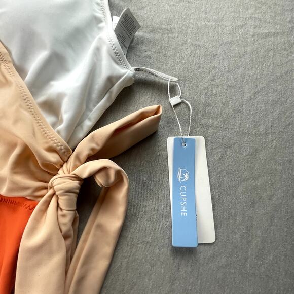 Cupshe Surplice Colorbock Swimsuit Side Tie One-Piece New NWT M Orange Tan White - Picture 3 of 4